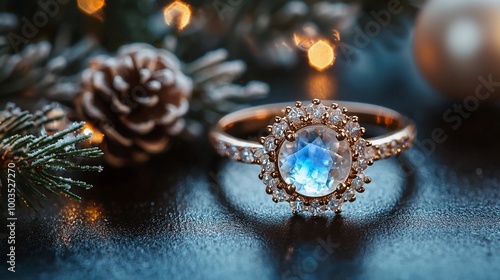 Moonstone Engagement Ring with Pinecones and Winter Decorations