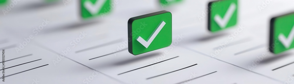 Business contract checklist, green check symbol confirming approval, 3D illustration Business contract checklist, green check symbol confirming approval, 3D illustration