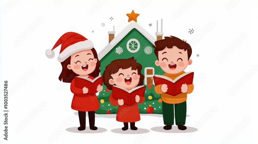 A family caroling in front of a decorated house, joyful Christmas night, cute cartoon style, isolated on white background A family caroling in front of a decorated house, joyful Christmas night, cute cartoon style, isolated on white background
