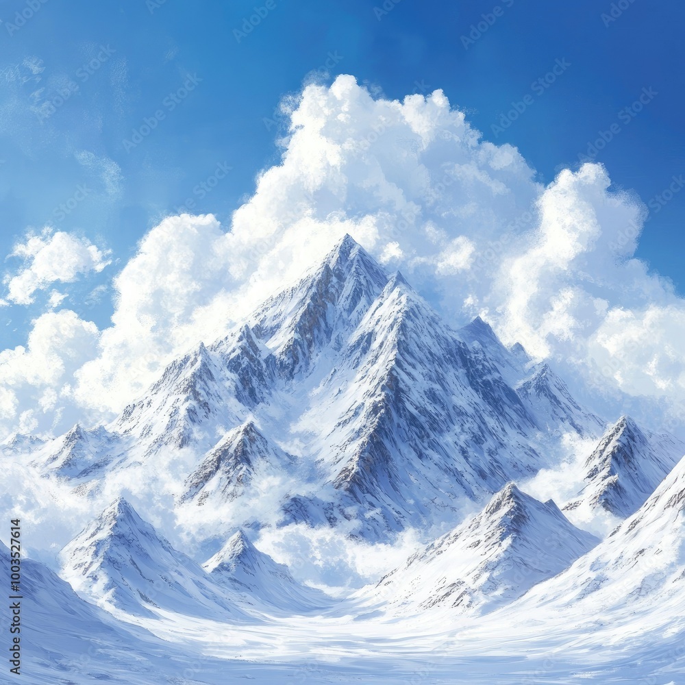 Fototapeta premium Snowy mountain peak towering above a pristine winter landscape, with a bright blue sky and fluffy clouds.-