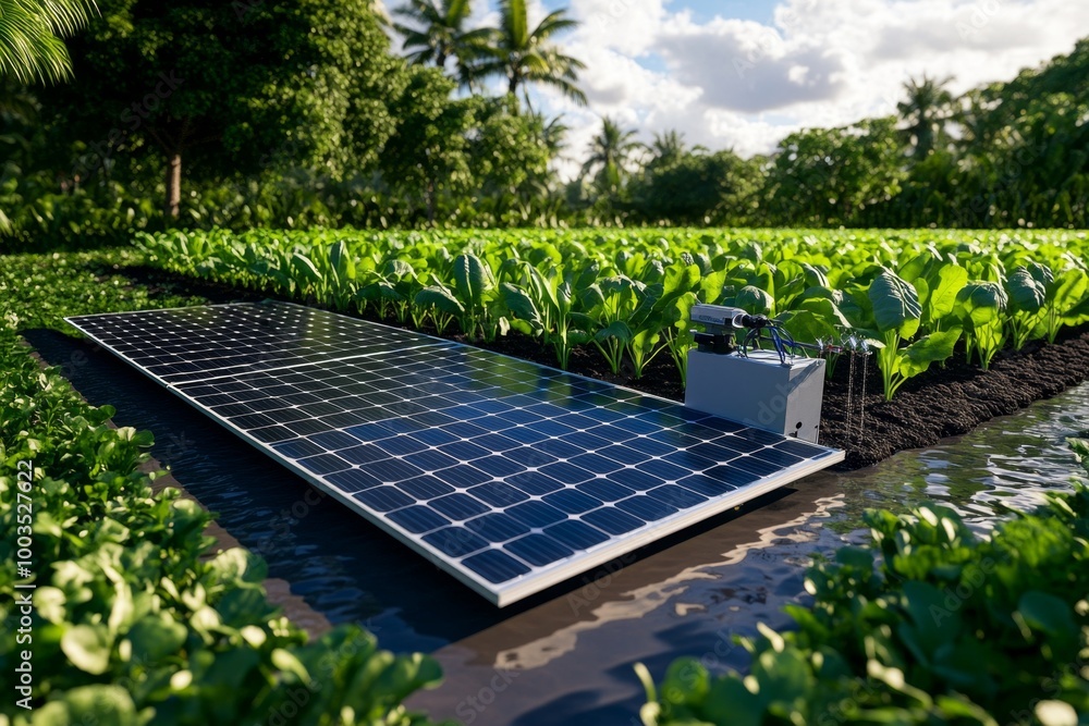 Fototapeta premium A hyper-realistic field of crops watered by a solar-powered system, capturing the intricate details of agriculture, water, and sustainable energy