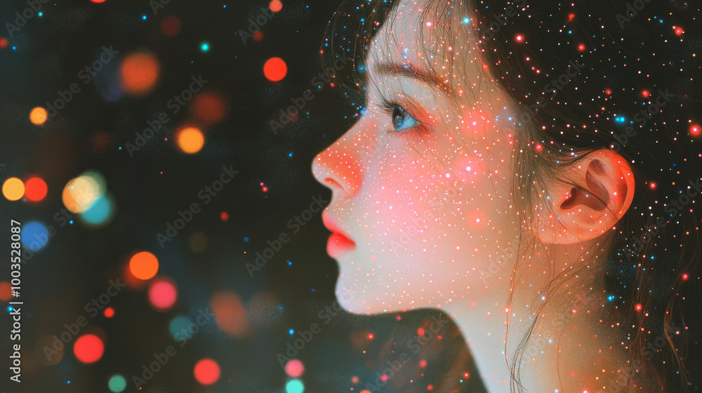 Young woman's profile with glowing lights Young woman's profile with glowing lights