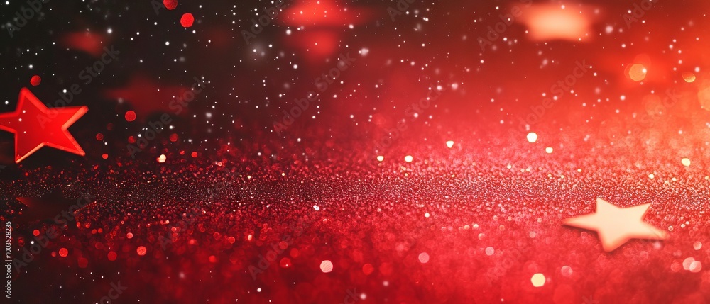 Festive red christmas glitter background with sparkling stars and glowing blurred texture for holiday celebrations
