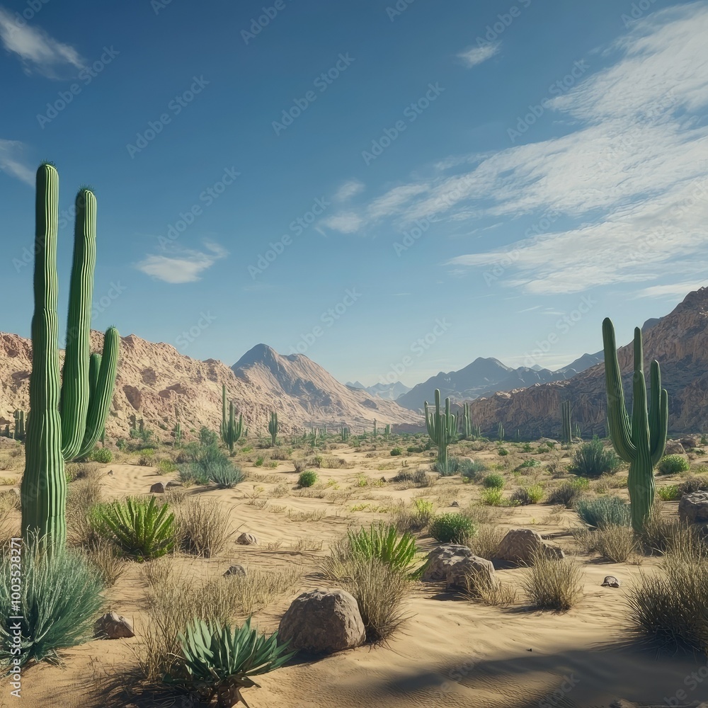 Sun-drenched desert landscape with towering cacti and a vast expanse of sandy terrain stretching to the horizon. Sun-drenched desert landscape with towering cacti and a vast expanse of sandy terrain stretching to the horizon.