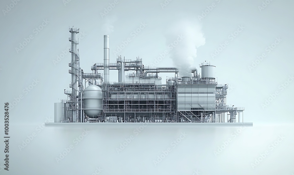 Fototapeta premium Industrial Complex with Smoke Stack and Steam