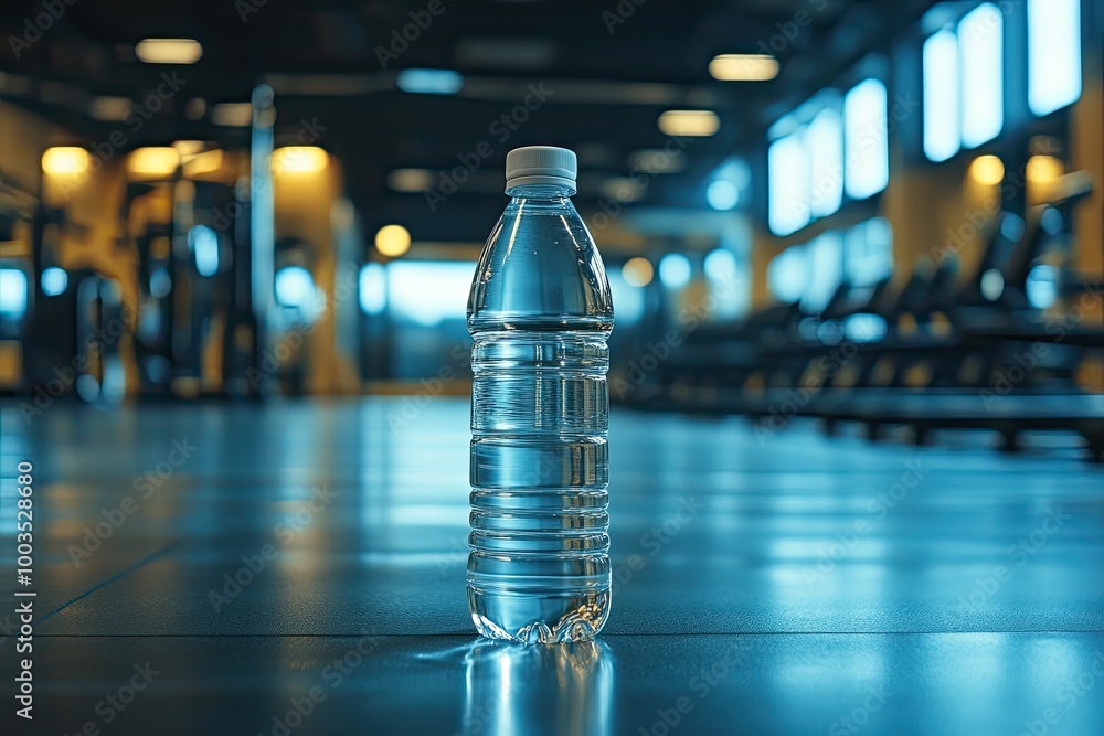 Water bottle in a gym. Perfect for illustrating hydration and fitness. Water bottle in a gym. Perfect for illustrating hydration and fitness.