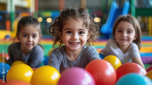 Happy children playing together in a rainbow-colored ball pit, with a modern play center filled with slides and soft mats, symbolizing fun and social interaction