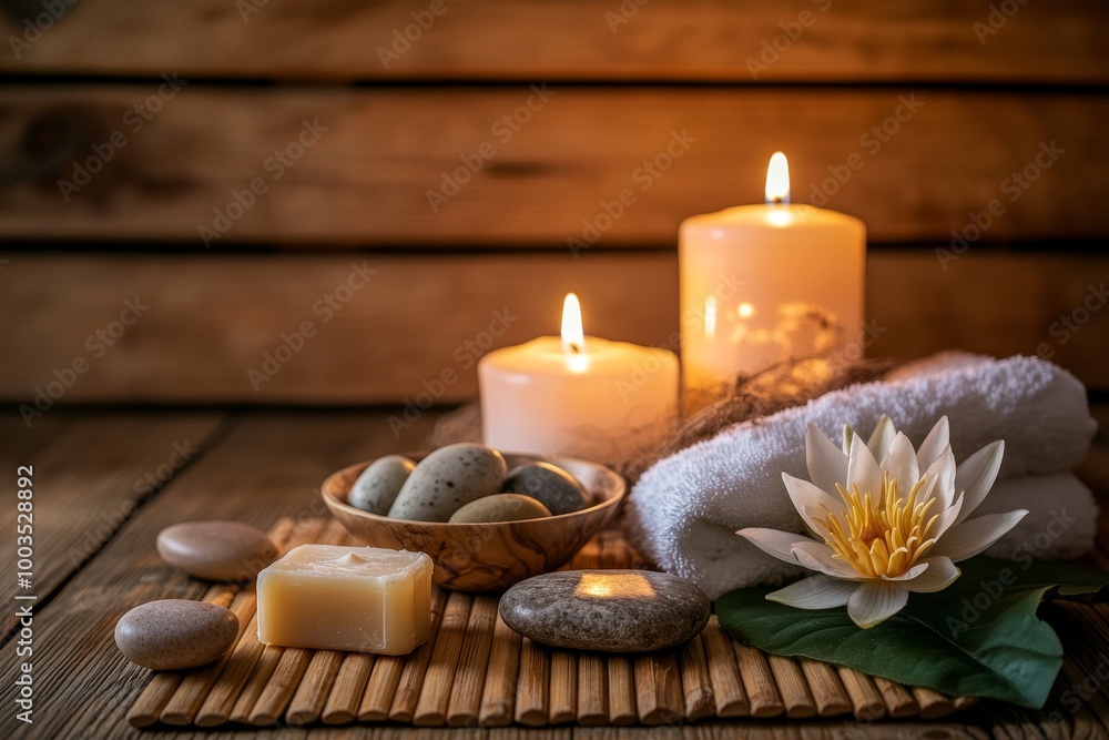 Spa treatment with candles, soap, towels, stones, and a water lily on a wooden table. Spa treatment with candles, soap, towels, stones, and a water lily on a wooden table.