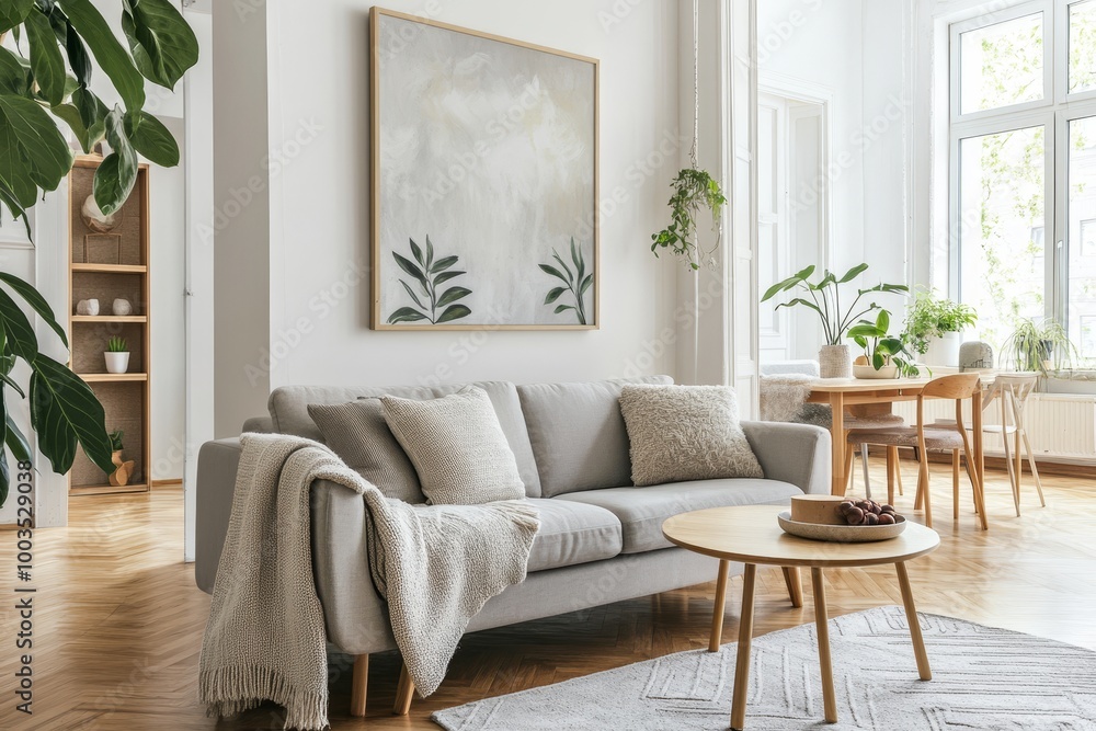 A gray sofa with a throw blanket, fluffy pillows, and a coffee table in a bright and airy living room with a large painting on the wall. A gray sofa with a throw blanket, fluffy pillows, and a coffee table in a bright and airy living room with a large painting on the wall.