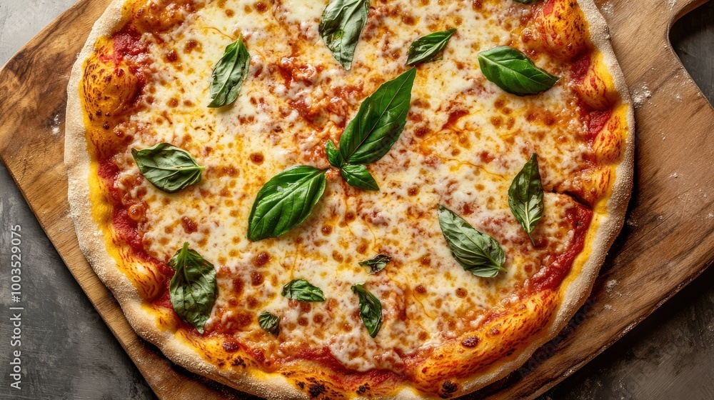 Top view of a classic Margherita pizza with melted cheese, fresh basil, and a crispy crust on a wooden board. Top view of a classic Margherita pizza with melted cheese, fresh basil, and a crispy crust on a wooden board.