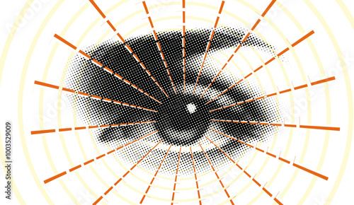 Hypnotic stare, conceptual dotted halftone vector illustration representing mesmerizing psychological phenomena.