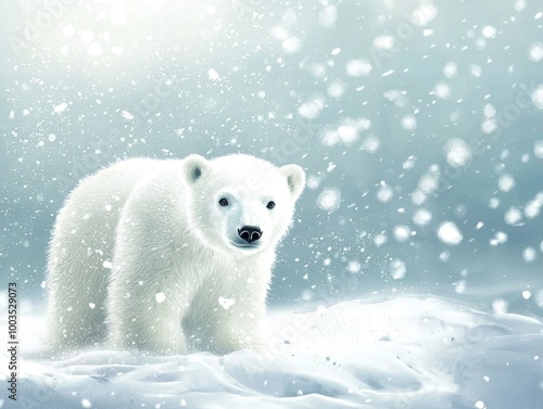 cute polar bear on snow background - ai photo