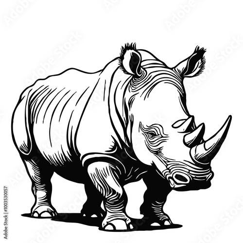 Rhinoceros. Line art. Logo design for use in graphics. T-shirt print, tattoo design. Minimalist illustration for printing on wall decorations.