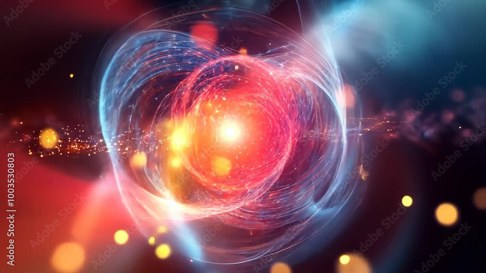 A bright red orb surrounded by swirling light sits in the center of a dark, abstract background with glowing particles and bokeh A bright red orb surrounded by swirling light sits in the center of a dark, abstract background with glowing particles and bokeh
