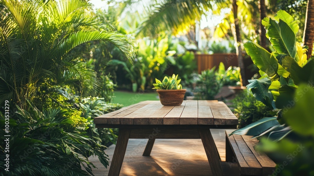 Wooden table in a serene backyard garden, surrounded by lush green plants, perfect for outdoor dining or gatherings Wooden table in a serene backyard garden, surrounded by lush green plants, perfect for outdoor dining or gatherings
