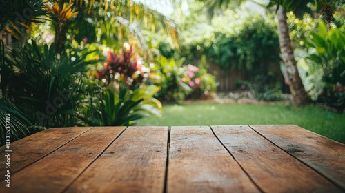 Wooden table in a vibrant backyard garden, ready for outdoor dining with lush greenery and blooming plants in the background