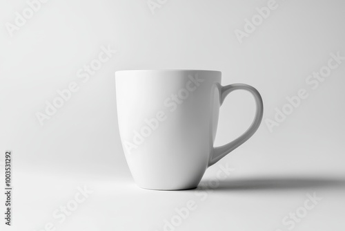 White ceramic mug with a handle on a white background.