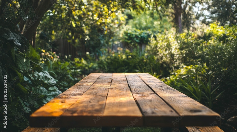 Wooden table placed in a vibrant garden, surrounded by greenery, ideal for outdoor parties and gatherings Wooden table placed in a vibrant garden, surrounded by greenery, ideal for outdoor parties and gatherings