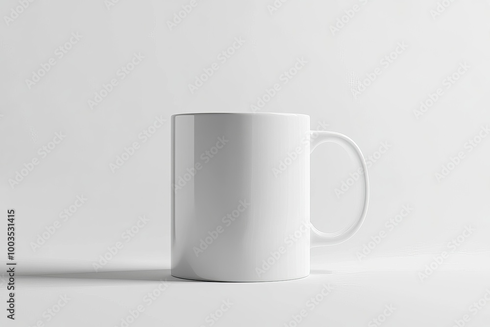A plain white ceramic mug with a single handle sits on a white surface. A plain white ceramic mug with a single handle sits on a white surface.