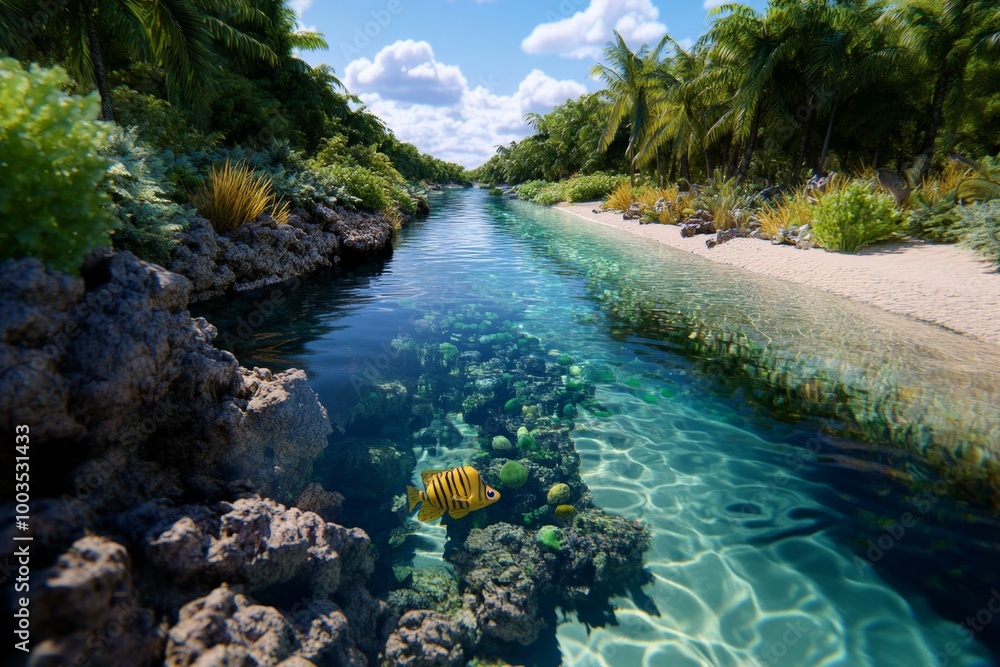 Hyper-realistic flowing river in a jungle, with intricate details of the water, foliage, and wildlife along the banks Hyper-realistic flowing river in a jungle, with intricate details of the water, foliage, and wildlife along the banks