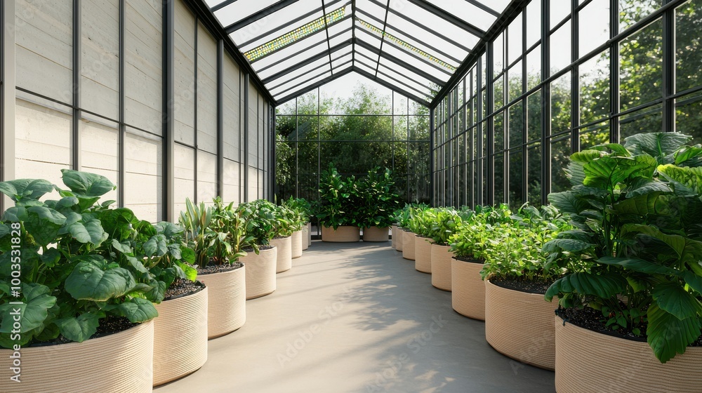 A serene greenhouse filled with vibrant plants in stylish pots, showcasing a tranquil atmosphere for gardening enthusiasts. A serene greenhouse filled with vibrant plants in stylish pots, showcasing a tranquil atmosphere for gardening enthusiasts.