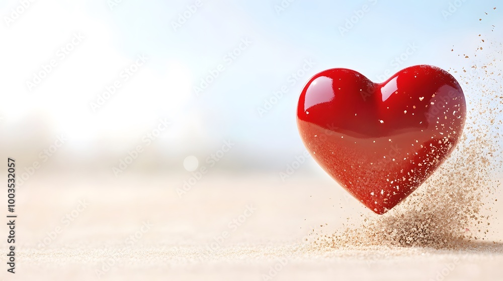 Red heart in sand on sunny background. Valentine's day concept. 3D Rendering Red heart in sand on sunny background. Valentine's day concept. 3D Rendering