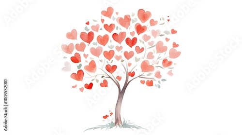Illustration of a watercolor love tree with red hearts on a white background, symbolizing love, growth, and affection.

