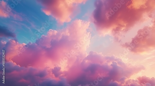 Dreamy Pink and Blue Clouds Floating in the Sky at Sunset in Vivid Colors