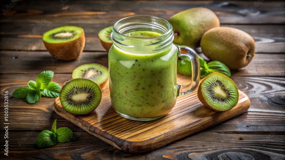 A refreshing kiwi smoothie in a mason jar, beautifully surrounded by vibrant fresh kiwis on a rustic wooden A refreshing kiwi smoothie in a mason jar, beautifully surrounded by vibrant fresh kiwis on a rustic wooden