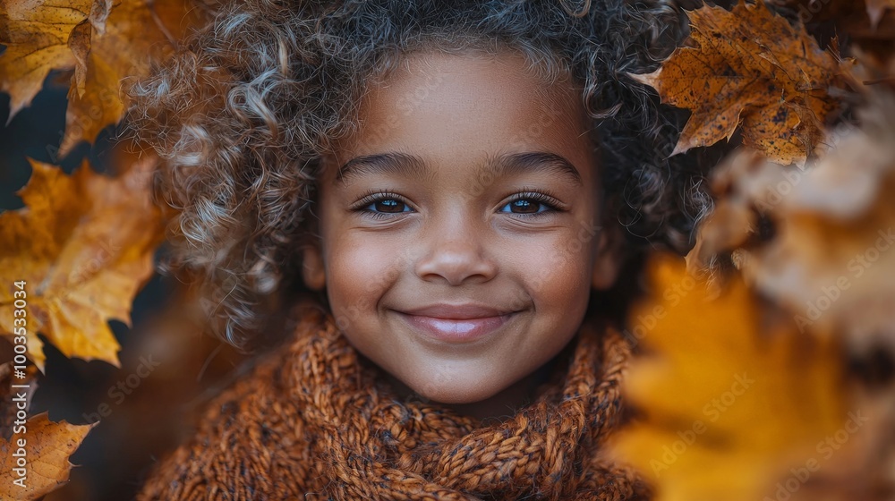 A smiling child surrounded by autumn leaves, radiating joy and warmth. A smiling child surrounded by autumn leaves, radiating joy and warmth.
