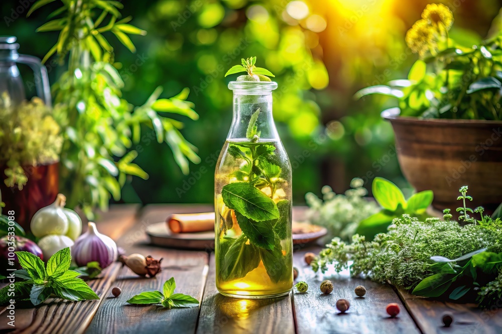 A revitalizing potion inside a glass vessel, encircled by lush herbs and bright, natural accents, capturing the essence