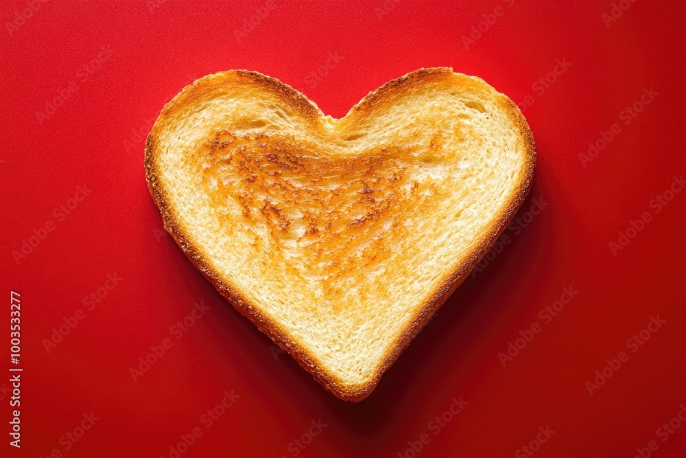 A heart-shaped piece of toast on a red background. This image represents love and affection. A heart-shaped piece of toast on a red background. This image represents love and affection.