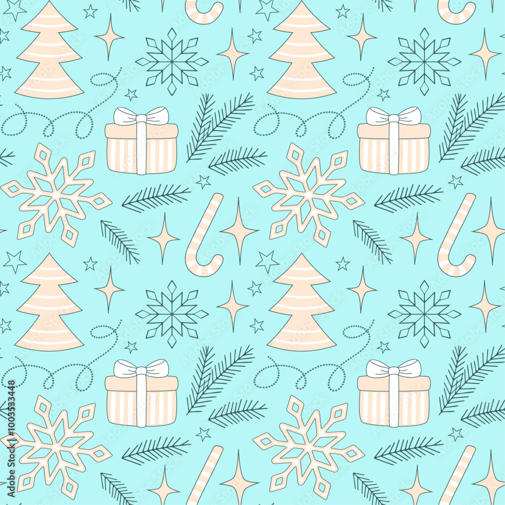 New Year festive seamless vector pattern with traditional symbols, light blue and beige Christmas background New Year festive seamless vector pattern with traditional symbols, light blue and beige Christmas background