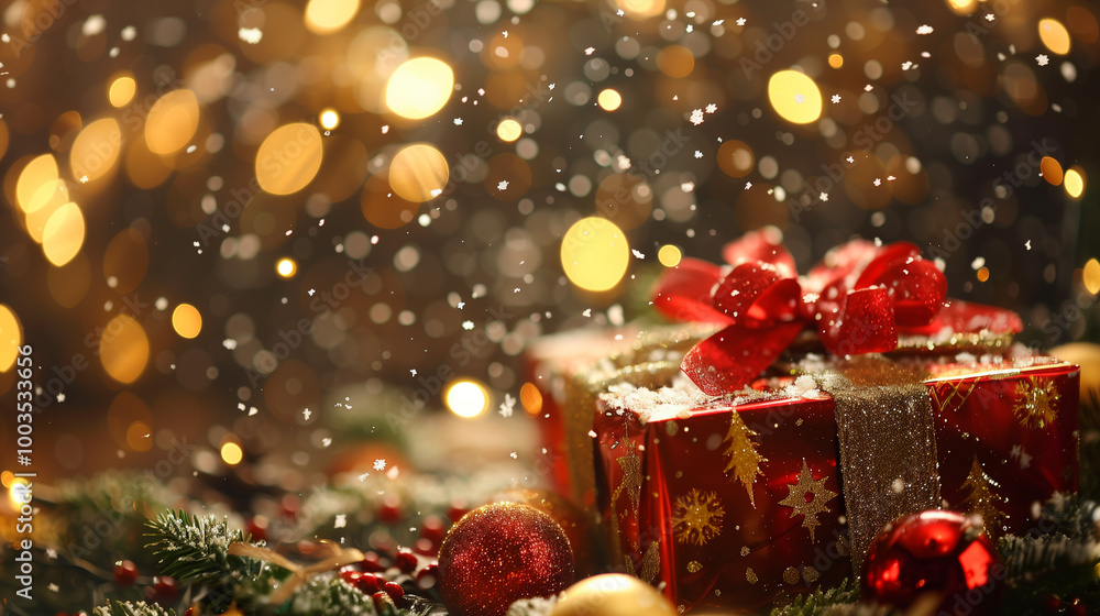 Golden gift box with red ribbon surrounded by festive ornaments and bokeh lights Golden gift box with red ribbon surrounded by festive ornaments and bokeh lights