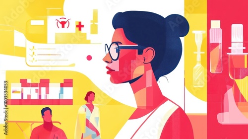 An illustration showcasing healthcare themes with a focus on a woman in a medical setting. photo