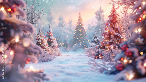 Christmas decorations in snow with glowing lights and festive ornaments in a forest setting