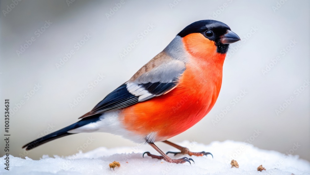 Obraz premium A striking bullfinch flaunts its vivid red belly and sleek black cap, perched gracefully against a bright white