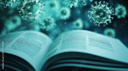 An open book with floating virus particles, symbolizing the intersection of knowledge and health.