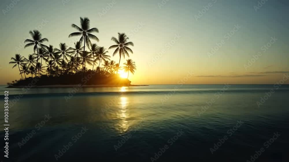 Sunset Over a Tranquil Island With Palm Trees and Gentle Waves Generative AI Sunset Over a Tranquil Island With Palm Trees and Gentle Waves Generative AI