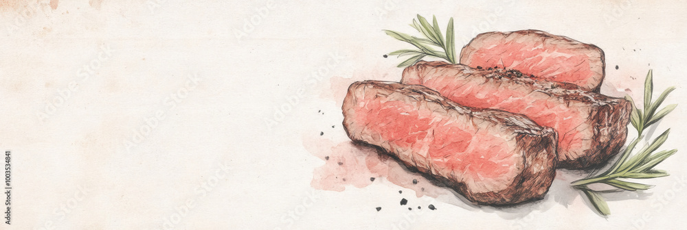 Watercolor illustration of sliced steak with rosemary.