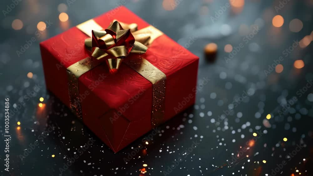 Red gift box with gold ribbon placed on a sparkling surface during holiday celebrations Red gift box with gold ribbon placed on a sparkling surface during holiday celebrations