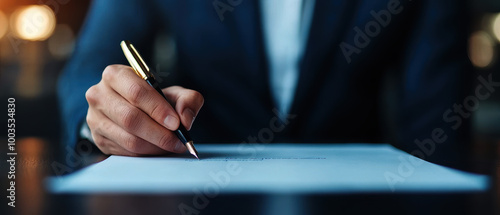 Professional man signing document with pen in office setting.