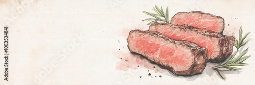 Obraz na płótnie Watercolor illustration of sliced steak with rosemary. w salonie