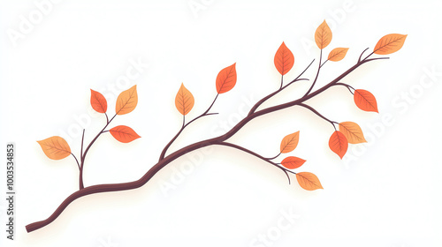 Autumn branch with colorful leaves, white isolated background