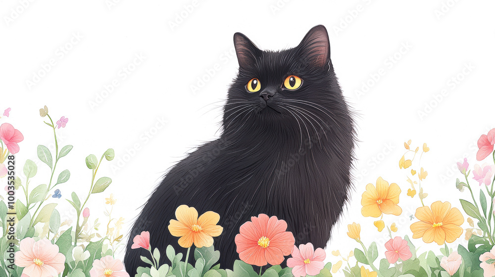 Black cat amidst colorful flowers on a soft background. Black cat amidst colorful flowers on a soft background.