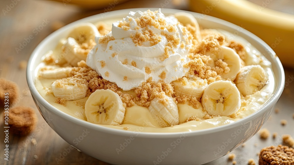 A bowl of traditional banana pudding with creamy vanilla pudding, sliced bananas, and soft wafers, topped with whipped cream and wafer crumbs. A bowl of traditional banana pudding with creamy vanilla pudding, sliced bananas, and soft wafers, topped with whipped cream and wafer crumbs.