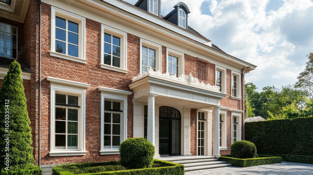 A brick cladding wall with symmetrical white stucco accents along the top, creating a balanced and decorative design. A brick cladding wall with symmetrical white stucco accents along the top, creating a balanced and decorative design.