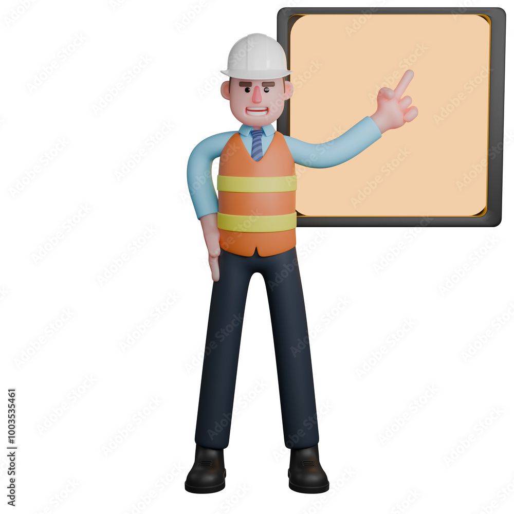 Architect Male Professional. An architect stands pointing at the board with his left hand while his right hand is on his waist. 3D Design Illustration Architect Male Professional. An architect stands pointing at the board with his left hand while his right hand is on his waist. 3D Design Illustration