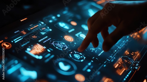 Close-up shot of a businessman hand managing a futuristic event planner with glowing icons for