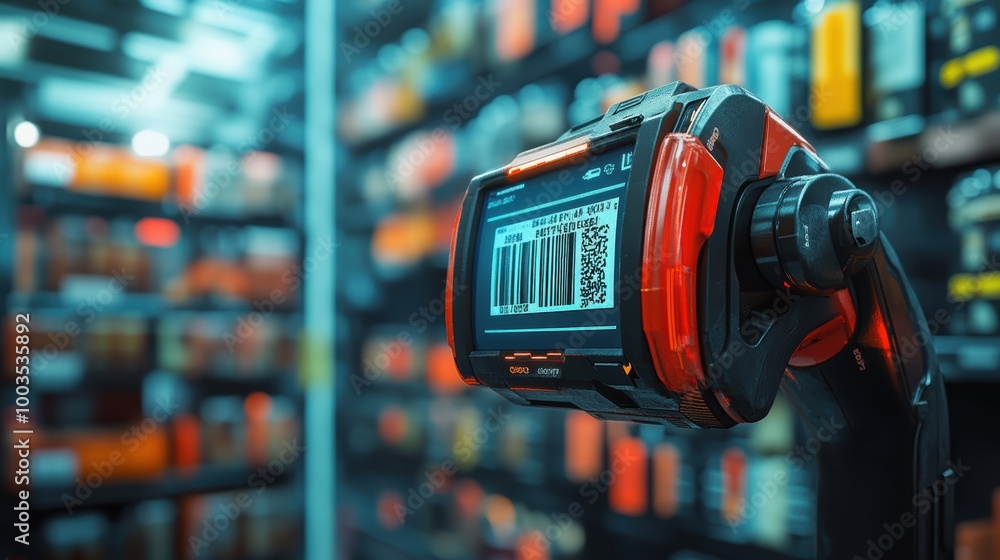 Close-up of a barcode scanner verifying product codes, accuracy, inventory and quality control. 3D render, hyper realistic photo for magazine Close-up of a barcode scanner verifying product codes, accuracy, inventory and quality control. 3D render, hyper realistic photo for magazine